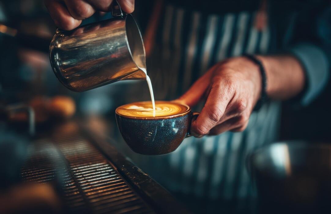 Barista pouring milk into a coffee cup, creating latte art