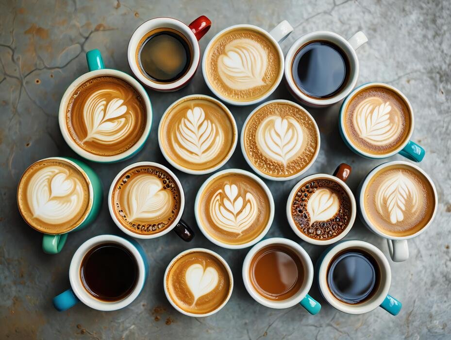 Assortment of coffee drinks with latte art, espresso and cappuccino