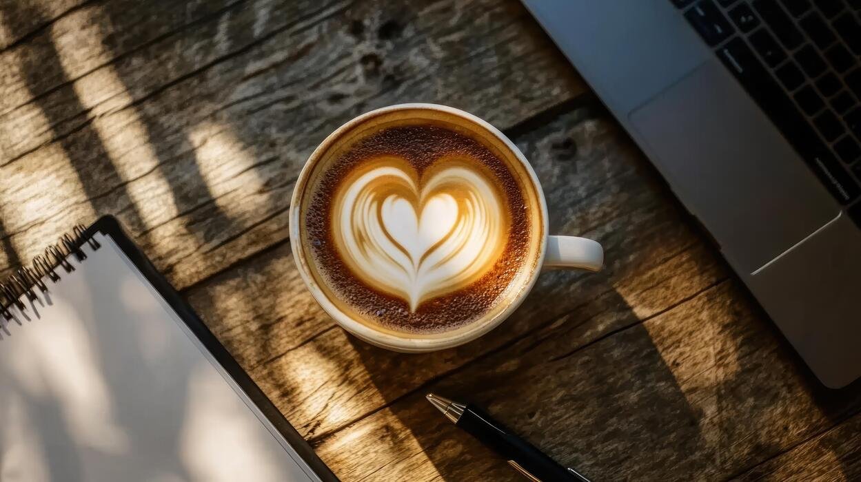 Latte art coffee beside a laptop and notepad