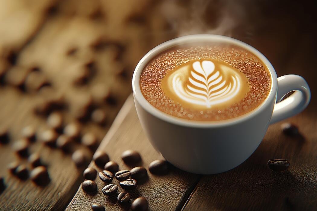 Steaming latte art coffee with roasted coffee beans on a wooden table